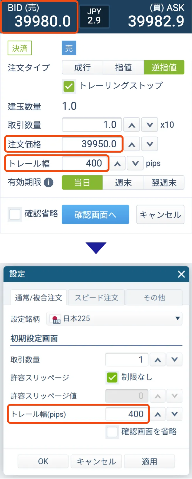 （図）【例2】注文価格と現在価格の差が、トレール幅よりも小さい場合